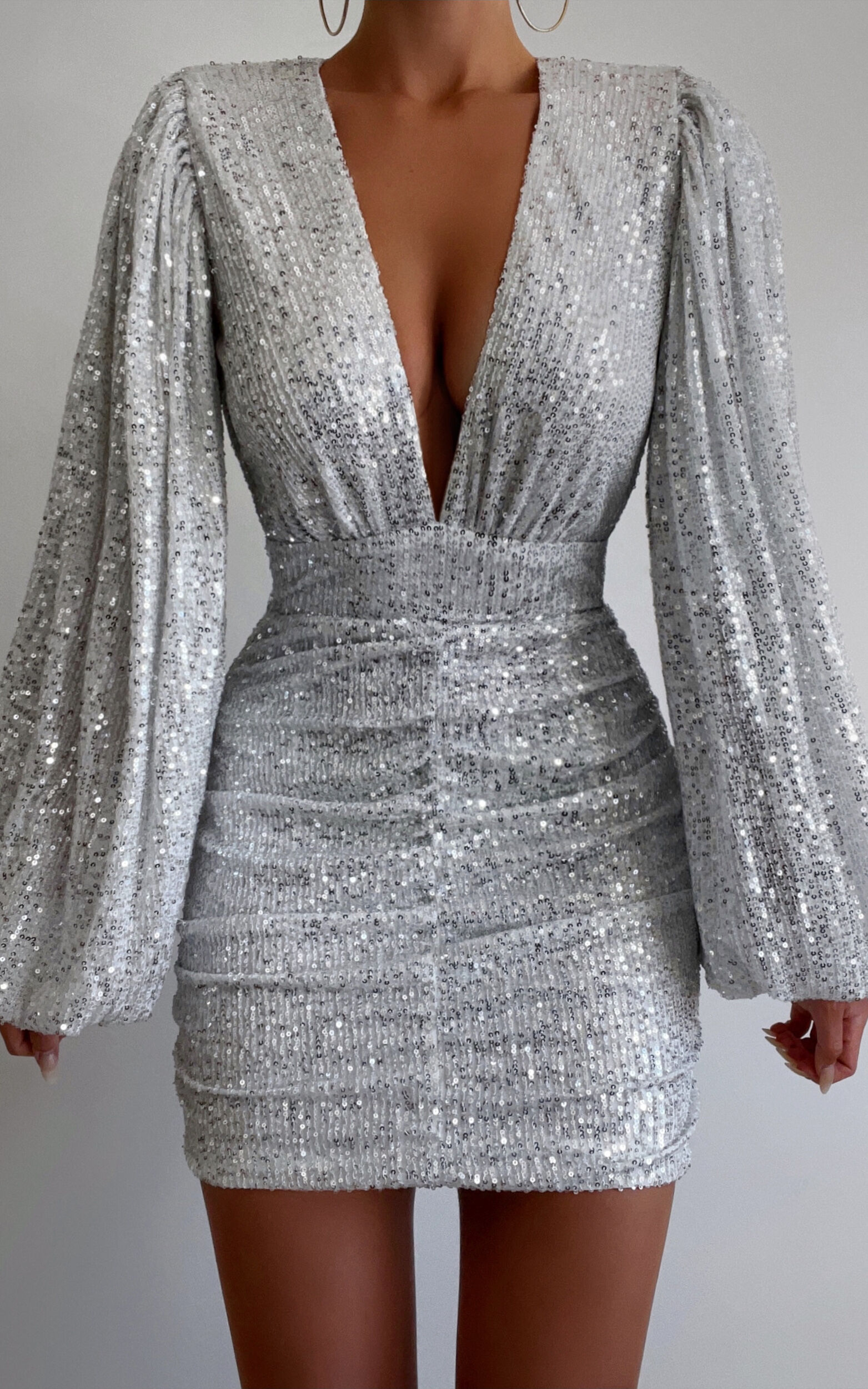 long sleeve silver sequin dress